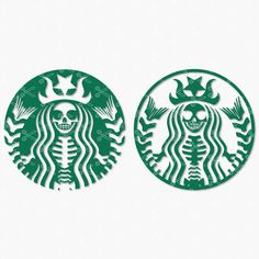 the starbucks logo is made out of green paper and features a skeleton in the center