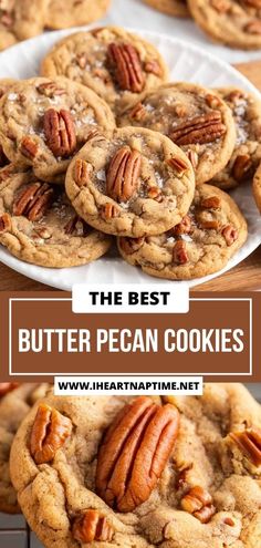 the best butter pecan cookies on a white plate with text overlay that reads, the best butter pecan cookies