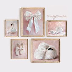 four framed pictures with swan and teacups on them, one in pink the other in white