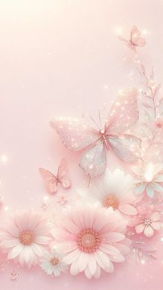 pink flowers and butterflies with sparkles in the middle on a light pink background for a greeting card or wallpaper