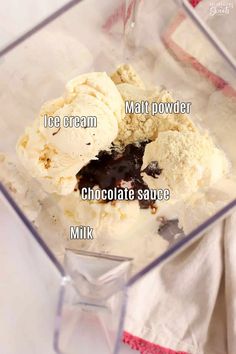 ice cream and chocolate sauce in a blender with the words ice cream on it