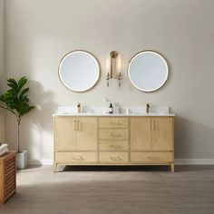 a bathroom with two sinks, mirrors and a plant on the floor in front of it