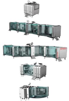 three 3d renderings of an automated machine with four different sections, including the front and back doors