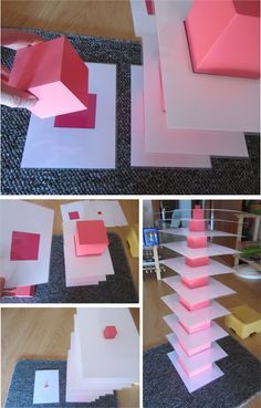 some pink and white paper are stacked on top of each other in different positions to make a pyramid