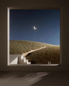 an empty room with stairs leading up to the moon and stars in the night sky