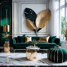 an elegant living room with green velvet sofas and gold accented furniture, including a round coffee table