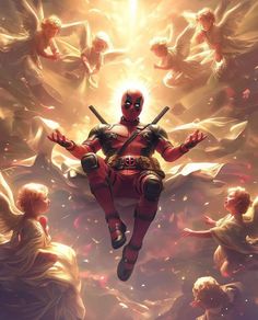 a deadpool character floating in the air surrounded by angels