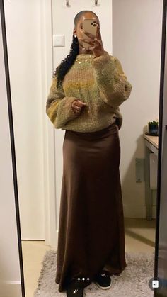 Modesty Dress Ideas, Work Dress Down Day Outfit Ideas, Long Brown Skirt Outfit Winter, Winter Earthy Girl Aesthetic, Concert Fits Modest, Modest Dressing Black Women, Long Skirt And Turtleneck Outfit, Long Skirt Outfits Sweater, Boho Winter Outfits Black Women