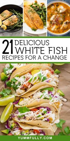 the cover of 21 delicious white fish recipes for a change