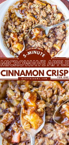 a close up of a bowl of cinnamon apple crisp with spoons on the side