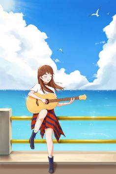 a girl is playing an acoustic guitar by the ocean