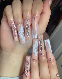 Bautizo Nails, Nails Acrylic Quinceanera, Nails With Pink Rhinestones, Quince Nail Ideas, Light Pink Quince, Light Purple Acrylic Nails, Quince Nails Short, Pink Quince Nails, Pink Gem Nails