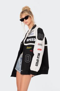 PRODUCT INFO Jacket Motocross Inspired Snap Button Closure Embroidered Patches 100% Cotton Model wears size S Model height is 5'6 Item care: Machine Washable Sport Jacket Outfit, Racer Jacket Outfit Women, Racer Jacket Outfit, Wild Speed, Sports Jacket Outfit, Biker Jacket Outfit, Baseball Fashion, Jacket Outfit Women, Racing Jackets