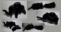 several black glass objects are shown in different positions and sizes, including an elephant shaped teapot