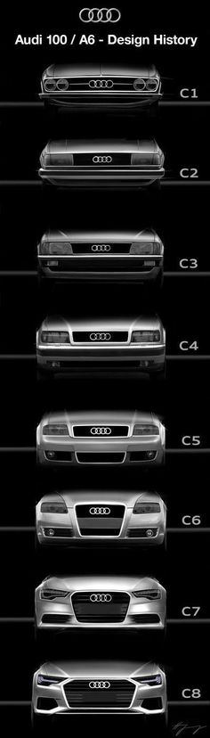 the front and rear bumpers of an audi car, all in different sizes and colors