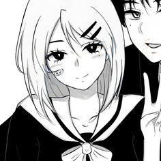 two anime characters are making the peace sign with their hands and one is wearing a bow tie