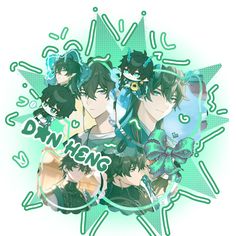 some anime characters with green and white background