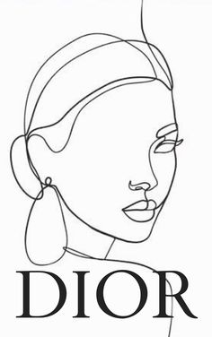 a black and white drawing of a woman's face with the word dior on it