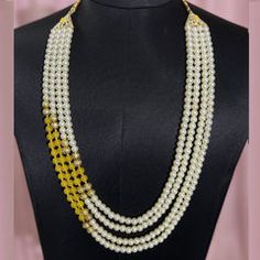 Gold Rodium Polish White and Off White, Yellow color Groom Necklace in Metal Alloy studded with Pearl White Metal Pearl Necklace With Round Beads, White Pearl Necklace With Round Metal Beads, White Metal Chain Necklace For Wedding, Yellow Color, Off White, Yellow, Gold, White, Color