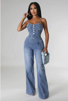 1-PIECE LOW CUT CLEAVAGE 5 BUTTON DOWN SLEEVELESS SHOULDER STRAP JUMPSUIT LIGHT BLUE DENIM FRONT & BACK POCKETS WIDE FLARE BOTTOM LEG STRETCH MATERIAL INSIDE OUT COLDWATER WASH AIR DRY Wide Leg Denim Jumpsuit, Denim One Piece Jumpsuit, Sleeveless Jumpsuit Outfit, Weekend Fashion, White Shirt Outfits, Straps Jumpsuit, Play Suit, Boutique Couture, Future Outfit