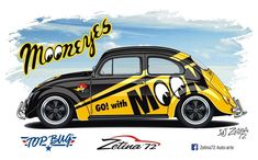 a yellow and black car with the words moonfly's on it, next to an image of a cartoon character