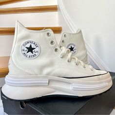 Converse Run Star Legacy Cx Hi Platform High Top Color Is White (Egret) With Black , Egret Unisex Men’s Size 10 / Women’s Size 11.5 Brand New In Box. No Flaws. “Ultra-Comfortable Cushioning And A Lightweight, Angular Platform Bring Future-Forward Style To Your Sneaker Rotation. The Latest Iteration Of The Best-Selling Run Star Hike, The Run Star Legacy Cx Mixes Bold Platform Styling With Premium Comfort. A Lightweight Cx Midsole And Sockliner Keep You Light On Your Feet, While Distorted Chuck Ta Converse Run Star Legacy, Converse Chuck Taylor Black, Converse All Star White, Converse Tennis Shoes, Tie Dye Shoes, High Top Chucks, White Athletic Shoes, Converse Platform, Black Tennis Shoes