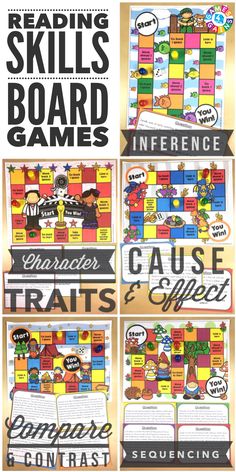 the reading skills board game is shown in four different colors and styles, with text that reads