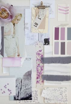 a collage of different color swatches, papers, and other items on a wall