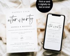 the wedding stationery is displayed next to an iphone on a bed with white sheets