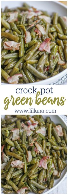 crockpot green beans with bacon in a white bowl