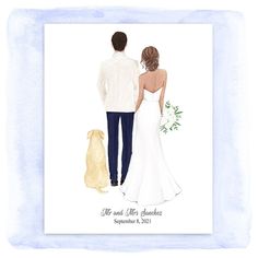 a watercolor painting of a bride and groom with their dog looking at each other