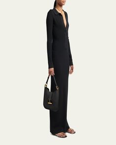 TOM FORD "Tara" crossbody bag in grain leather, faux leather (polyurethane), and brass     Detachable, adjustable shoulder strap    Detachable, adjustable crossbody strap    Can be worn as a shoulder or crossbody bag     Open top with center Tstrap magnetic closure     Interior, one zip pocket     Lining: Polyurethane    Approx. 9.8"H x 9.8"W x 0.8"D    Item Weight (Lbs.): 1.5    Made in Italy Tom Ford Bianca Bag, Luxury Leather-handled Hobo Shoulder Bag, Tom Ford Gold Bag, On-the-go Crossbody Hobo Bag With Leather Handles, Hermes Evelyn Bag, Tom Ford Bags 2022, Cream Bags, Hobo Crossbody Bag, Leather Hobo