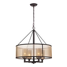 a chandelier with four lights hanging from it's center and two shades on the