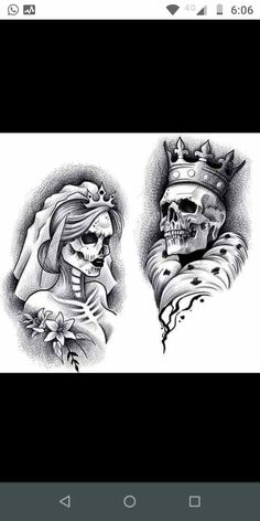 two skulls with crowns on their heads and one skull wearing a crown, both in black and white