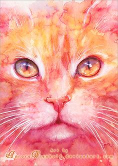 a watercolor painting of a cat's face with yellow eyes and whiskers