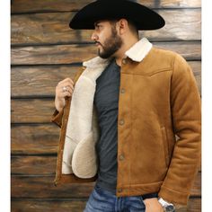 This Mens Suede Trucker Jacket mixes the old west with contemporary fashion. Made out of faux suede, this full-zip jacket has a snap front storm flap. Two side-entry pockets give it that authentic Western look. Throw this jacket on over anything and for warmth and an authentic western look. Zipper and snap closure Adjustable snap sleeves Soft faux sherpa lining and collar Western Leather Outerwear For Ranch, Western Style Winter Outerwear With Snap Buttons, Winter Outerwear With Pockets For Rodeo, Winter Rodeo Outerwear With Pockets, Western Leather Outerwear With Snap Buttons, Western Style Winter Outerwear For Rodeo, Western Winter Outerwear For Rodeo, Rugged Winter Outerwear With Button Closure, Brown Leather Outerwear For Ranch