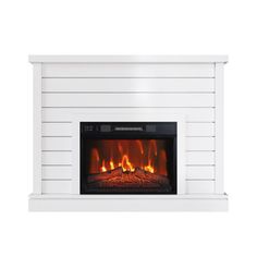 an electric fireplace with white siding and fire logs on the sides, against a white background