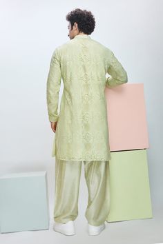 Cool matcha kurta with chantilly lace embroidery. Paired with a pajama. - Aza Fashions Lace Kurta, Potli Button, Kurta And Pants, Pajama For Men, Pajama Pattern, Green Embroidery, Matching Pants, Embroidery Lace, Chantilly Lace