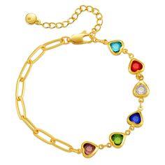 Colorful hear crystals and an 18k gold-plated linked chain makes this bracelet a charming accent piece. 6.49" L with 2.36" extender Lobster claw clasp 18k gold-plated copper / crystal Gold Crystal Heart Bracelets, Gold Heart Crystal Bracelets, Gold Heart-shaped Crystal Bracelets, Loose Bracelet, Copper Crystal, Flower Hair Accessories, Copper Chain, Vintage Heart, Rhinestone Bracelet