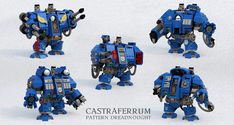 four different views of a blue and black robot from the movie star wars, with multiple parts