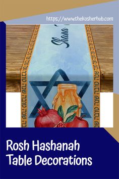 the rosh hashanah table decorations are shown in blue and gold with red pomegranates