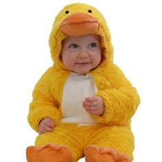 a baby dressed in a yellow duck costume