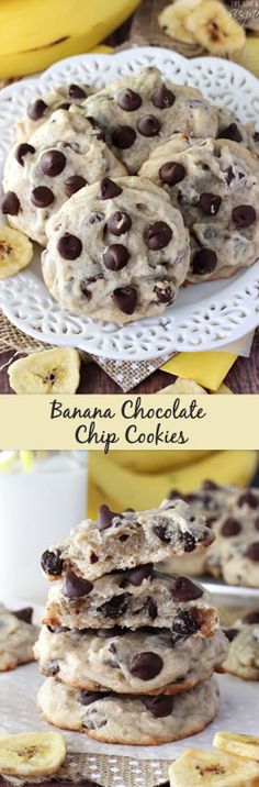 banana chocolate chip cookies are stacked on top of each other with bananas in the background