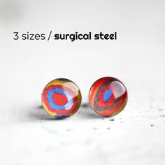 "Carefully handcrafted earrings, featuring Wassily Kandinsky's famous painting: Concentric circles, Made of 100% hypoallergenic SURGICAL STAINLESS STEEL and RESIN. Perfect for everyday wearing to office and for any other occasions. More ART: http://etsy.me/1lL5RqU More STUD earrings: http://etsy.me/Ym7FfT DIMENSIONS - 7mm / 10 mm / 12 mm (0.27\" / 0.4\" / 0.5\") in diameter MATERIALS - glossy, jewelry grade resin, that makes the earrings durable but light weight, as well as water resistant - hig Moon Earrings Studs, Concentric Circles, Tiny Earrings, Earring Studs, Tiny Stud Earrings, Men Earrings, Genuine Leather Belt, Handcrafted Earrings, Wassily Kandinsky