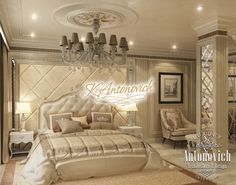 a luxurious bedroom with chandelier, bed and chairs