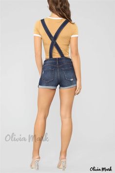 Olivia Mark - Stylish Sleeveless Medium Blue Suspender Shorts - Fashionable and Sophisticated Chic Spring Bottoms With Suspenders, High Waist Bottoms With Suspenders For Summer, High Waist Bottoms With Suspenders For Spring, Chic High Waist Bottoms With Suspenders, Trendy Bottoms With Suspenders For Spring, Suspender Shorts, Blue Suspenders, Elevated Fashion, Romper Designs