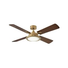 a ceiling fan with two wooden blades and a light on the top of each blade