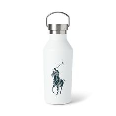 a white water bottle with a polo player on it's side and a metal lid