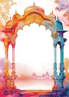 an ornate arch with watercolor paint on it