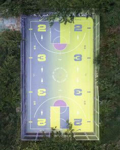 an aerial view of a basketball court in the middle of some trees and bushes with numbers on it